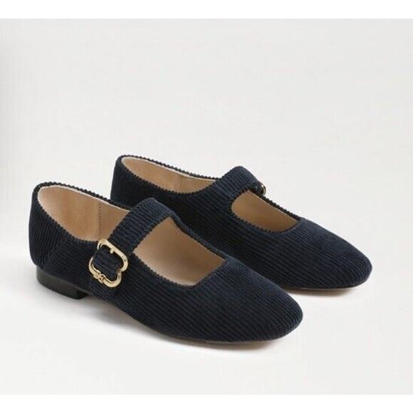 Sam Edelman Girl's 3 Michaela Mary Jane Flats Navy Blue Gold Buckle Corduroy NEW - Picture 1 of 15